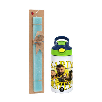 Karim Benzema, Easter Set, Children's thermal stainless steel bottle with safety straw, green/blue (350ml) & aromatic flat Easter candle (30cm) (TURQUOISE)