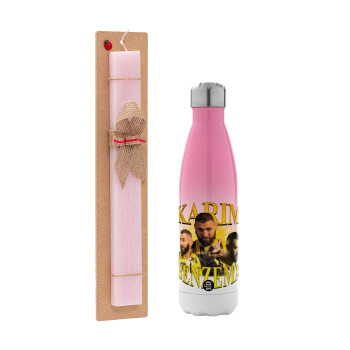Karim Benzema, Easter Set, Metallic pink/white (Stainless steel) thermos, double-walled, 500ml & aromatic flat Easter candle (30cm) (PINK)