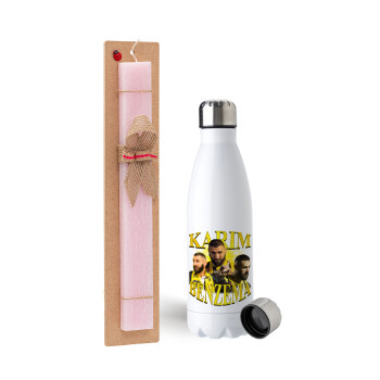 Karim Benzema, Easter Set, metallic stainless steel water bottle (750ml) & scented flat Easter candle (30cm) (PINK)