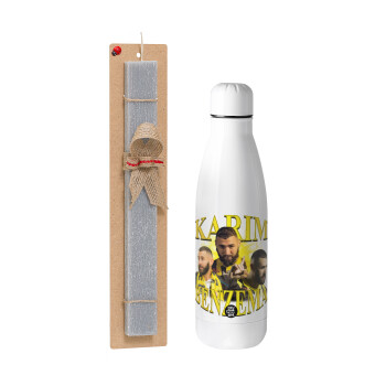 Karim Benzema, Easter Set, metallic stainless thermos bottle (500ml) & scented flat Easter candle (30cm) (GRAY)
