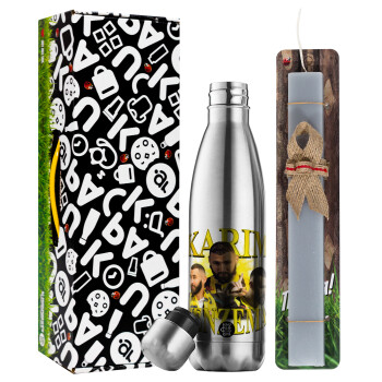 Karim Benzema, Easter Set, metallic stainless thermos flask (500ml) & scented flat Easter candle (30cm) (GRAY)