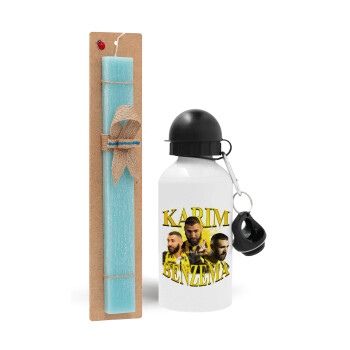 Karim Benzema, Easter Set, metallic aluminum water bottle (500ml) & scented flat candle (30cm) (TURQUOISE)