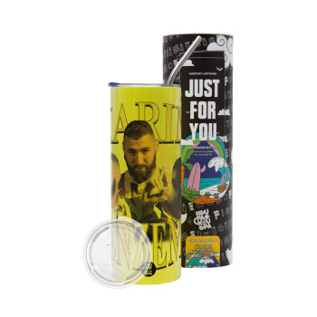 Karim Benzema, Neon Yellow Travel Tumbler θερμό, μεταλλικό καλαμάκι(Ανωξείδωτο 304 Food grade, BPA free, 600ml)
