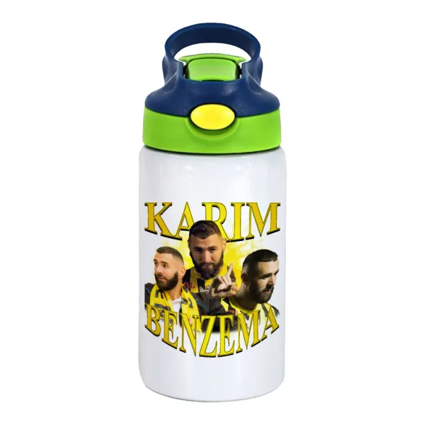 Karim Benzema — Παιδικό παγούρι θερμό, ανοξείδωτο, με καλαμάκι ασφαλείας, πράσινο/μπλε (350ml)