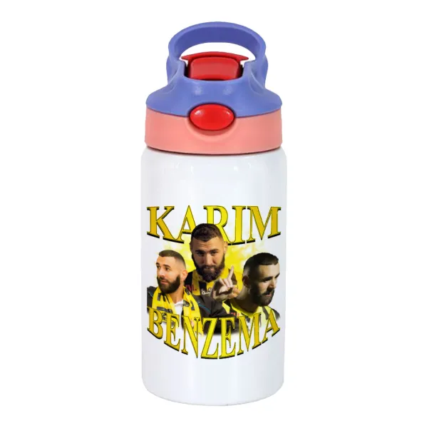 Karim Benzema — Παιδικό παγούρι θερμό, ανοξείδωτο, με καλαμάκι ασφαλείας, ροζ/μωβ (350ml)