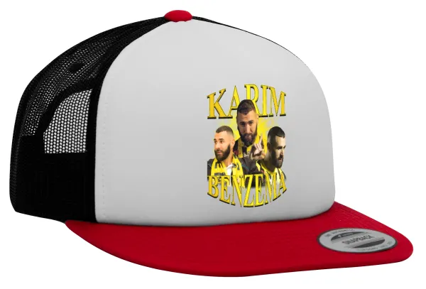 Karim Benzema — Adult Foam Flat Snapback with Mesh Red-White-Black (POLYESTER, ADULT, UNISEX, ONE SIZE)