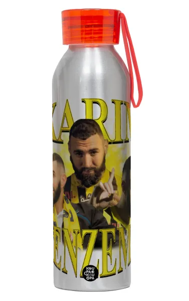 Karim Benzema — Αλουμινένιο Αθλητικό Μπουκάλι 650ml – Ασημί με Κόκκινο Καπάκι και Λουράκι Σιλικόνης