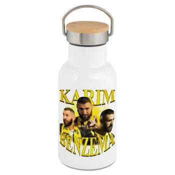 Karim Benzema, Metallic thermos (Stainless steel) White with wooden lid (bamboo), double-walled, 350ml