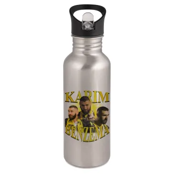 Karim Benzema, Water bottle Silver with straw, stainless steel 600ml