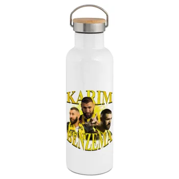 Karim Benzema, Μεταλλικό παγούρι θερμός (Stainless steel) Λευκό με ξύλινο καπάκι (bamboo), διπλού τοιχώματος, 750ml