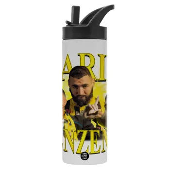 Karim Benzema, Metallic thermos bottle with straw & handle, stainless steel (Stainless steel 304), double-walled, 600ml.