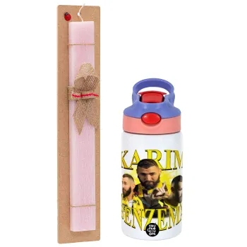 Karim Benzema, Easter Set, Children's thermal stainless steel water bottle with safety straw, pink/purple (350ml) & Easter scented flat candle (30cm) (PINK)