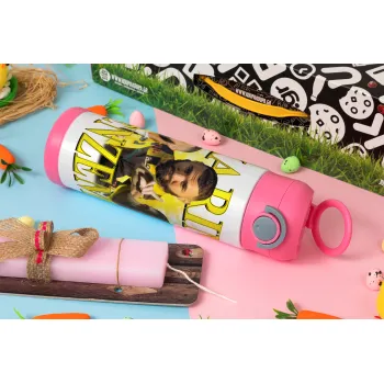 Karim Benzema, Easter candle, Childrens hot water bottle, stainless steel, with safety straw, PINK (500ml)
