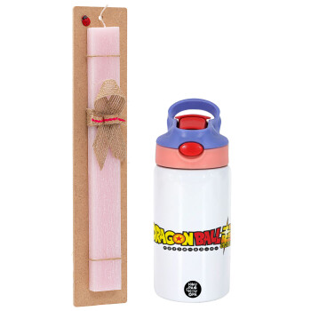 DragonBallZ, Easter Set, Children's thermal stainless steel water bottle with safety straw, pink/purple (350ml) & Easter scented flat candle (30cm) (PINK)