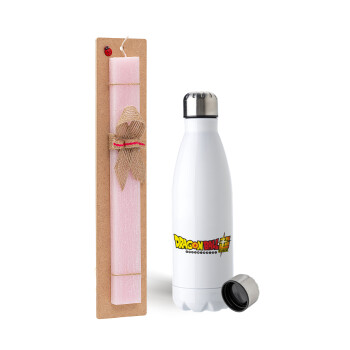 DragonBallZ, Easter Set, metallic stainless steel water bottle (750ml) & scented flat Easter candle (30cm) (PINK)