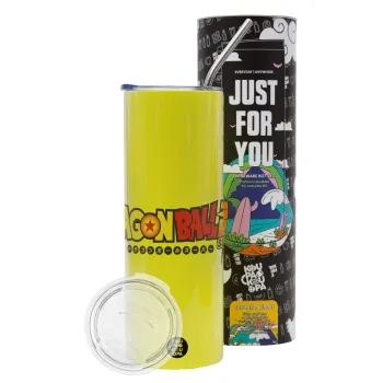 DragonBallZ, Neon Yellow Travel Tumbler θερμό, μεταλλικό καλαμάκι(Ανωξείδωτο 304 Food grade, BPA free, 600ml)