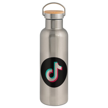 TikTok, Stainless steel Silver with wooden lid (bamboo), double wall, 750ml