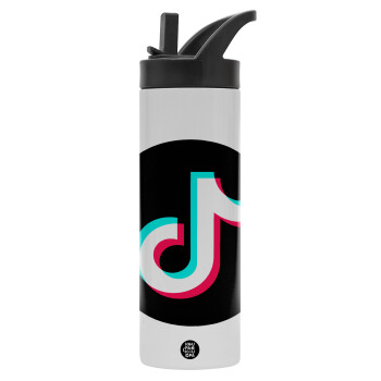 TikTok, Μεταλλικό παγούρι θερμός με καλαμάκι & χειρολαβή, ανοξείδωτο ατσάλι (Stainless steel 304), διπλού τοιχώματος, 600ml