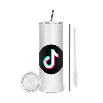 TikTok, Tumbler ποτήρι θερμό από ανοξείδωτο ατσάλι 600ml, με μεταλλικό καλαμάκι & βούρτσα καθαρισμού