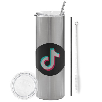 TikTok, Eco friendly stainless steel Silver tumbler 600ml, with metal straw & cleaning brush