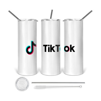 TikTok, 360 Eco friendly ποτήρι θερμό (tumbler) από ανοξείδωτο ατσάλι 600ml, με μεταλλικό καλαμάκι & βούρτσα καθαρισμού