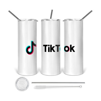 TikTok, Tumbler ποτήρι θερμό από ανοξείδωτο ατσάλι 600ml, με μεταλλικό καλαμάκι & βούρτσα καθαρισμού