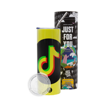 TikTok, Neon Yellow Travel Tumbler θερμό, μεταλλικό καλαμάκι(Ανωξείδωτο 304 Food grade, BPA free, 600ml)