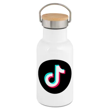 TikTok, Metallic thermos (Stainless steel) White with wooden lid (bamboo), double-walled, 350ml