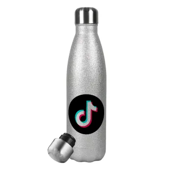 TikTok, Metallic Glitter Silver Thermos Flask (Stainless steel), double-walled, 500ml