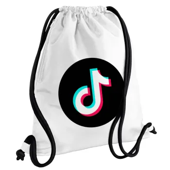 TikTok, Τσάντα πλάτης πουγκί GYMBAG λευκή, με τσέπη (40x48cm) & χονδρά κορδόνια