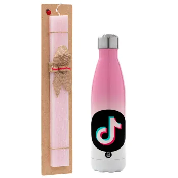 TikTok, Easter Set, Metallic pink/white (Stainless steel) thermos, double-walled, 500ml & aromatic flat Easter candle (30cm) (PINK)