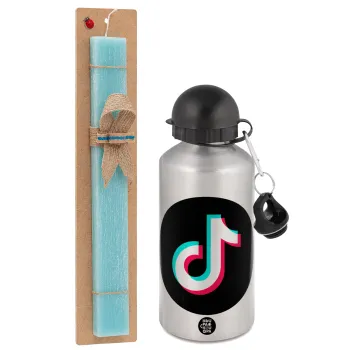 TikTok, Easter Set, metallic silver aluminum water bottle (500ml) & scented flat Easter candle (30cm) (TURQUOISE)