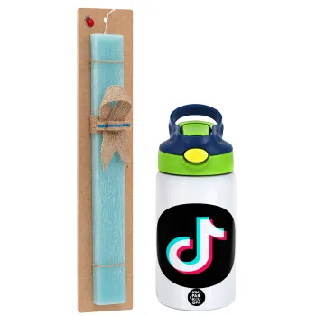 TikTok, Πασχαλινή Λαμπάδα με Παιδικό παγούρι θερμό, ανοξείδωτο, με καλαμάκι ασφαλείας, πράσινο/μπλε (350ml) & κερί αρωματικό πλακέ (30cm) (ΤΙΡΚΟΥΑΖ)