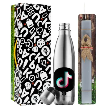 TikTok, Easter Set, metallic stainless thermos flask (500ml) & scented flat Easter candle (30cm) (GRAY)