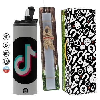 TikTok, Πασχαλινή Λαμπάδα με Travel Tumbler θερμό (600ml, BPA free) & κερί αρωματικό πλακέ (30cm) (ΓΚΡΙ)