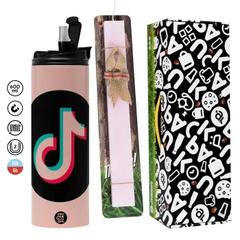 TikTok, Πασχαλινή Λαμπάδα με  ΡΟΖ Travel Tumbler θερμό (600ml, BPA free) & κερί αρωματικό πλακέ (30cm) (ΡΟΖ)