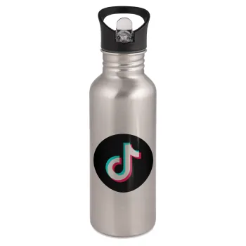 TikTok, Water bottle Silver with straw, stainless steel 600ml