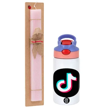 TikTok, Πασχαλινή Λαμπάδα με Παιδικό παγούρι θερμό, ανοξείδωτο, με καλαμάκι ασφαλείας, ροζ/μωβ (350ml) & κερί αρωματικό πλακέ (30cm) (ΡΟΖ)
