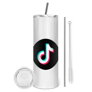 TikTok, Tumbler ποτήρι θερμό από ανοξείδωτο ατσάλι 600ml, με μεταλλικό καλαμάκι & βούρτσα καθαρισμού