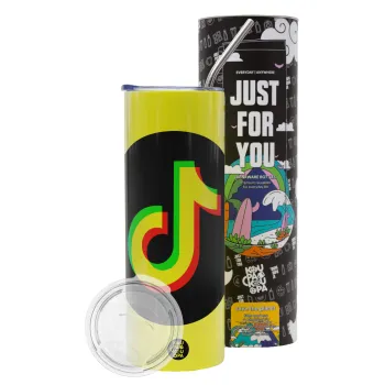 TikTok, Neon Yellow Travel Tumbler θερμό, μεταλλικό καλαμάκι(Ανωξείδωτο 304 Food grade, BPA free, 600ml)