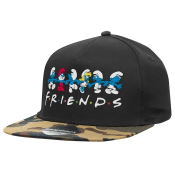 Friends Smurfs, Adult Flat Snapback Hat Black/Camouflage, (100% COTTON TWILL, ADULT, UNISEX, ONE SIZE)