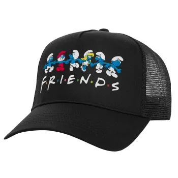 Friends Smurfs, Structured Trucker Adult Hat, with Mesh, Black (100% COTTON, ADULT, UNISEX, ONE SIZE)