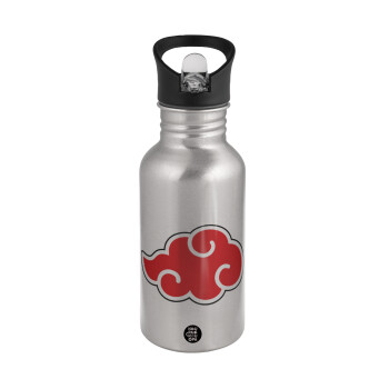 Naruto  Akatsuki Cloud, Water bottle Silver with straw, stainless steel 500ml