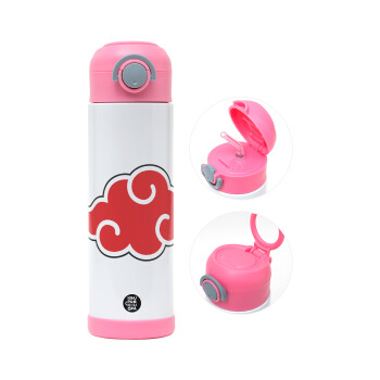 Naruto  Akatsuki Cloud, Children's hot water bottle, stainless steel, with safety straw, PINK (500ml)