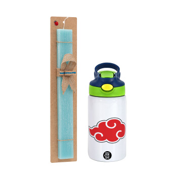 Naruto  Akatsuki Cloud, Easter Set, Children's thermal stainless steel bottle with safety straw, green/blue (350ml) & aromatic flat Easter candle (30cm) (TURQUOISE)