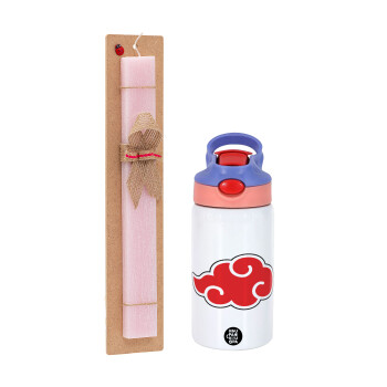 Naruto  Akatsuki Cloud, Easter Set, Children's thermal stainless steel water bottle with safety straw, pink/purple (350ml) & Easter scented flat candle (30cm) (PINK)