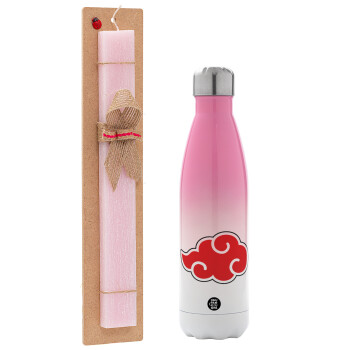 Naruto  Akatsuki Cloud, Easter Set, Metallic pink/white (Stainless steel) thermos, double-walled, 500ml & aromatic flat Easter candle (30cm) (PINK)
