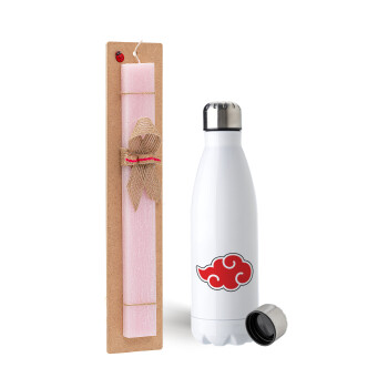 Naruto  Akatsuki Cloud, Easter Set, metallic stainless steel water bottle (750ml) & scented flat Easter candle (30cm) (PINK)