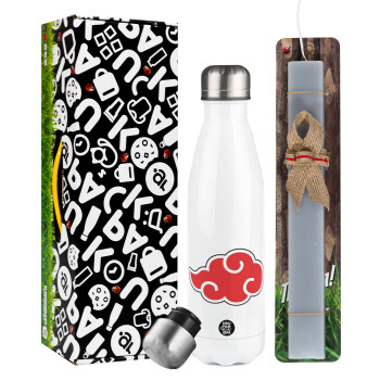 Naruto  Akatsuki Cloud, Easter candle, metallic white thermos bottle (500ml) & aromatic flat candle (30cm) (GRAY)
