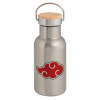 Stainless steel metallic thermos flask, silver with a bamboo lid, double-walled, 350ml.